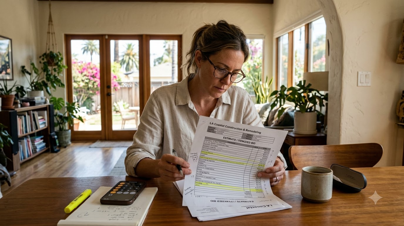 How To Read A Contractor Estimate: Red Flags To Watch For 1 How To Read A Contractor Estimate: Homeowner Checking An Itemized Bid In Los Angeles